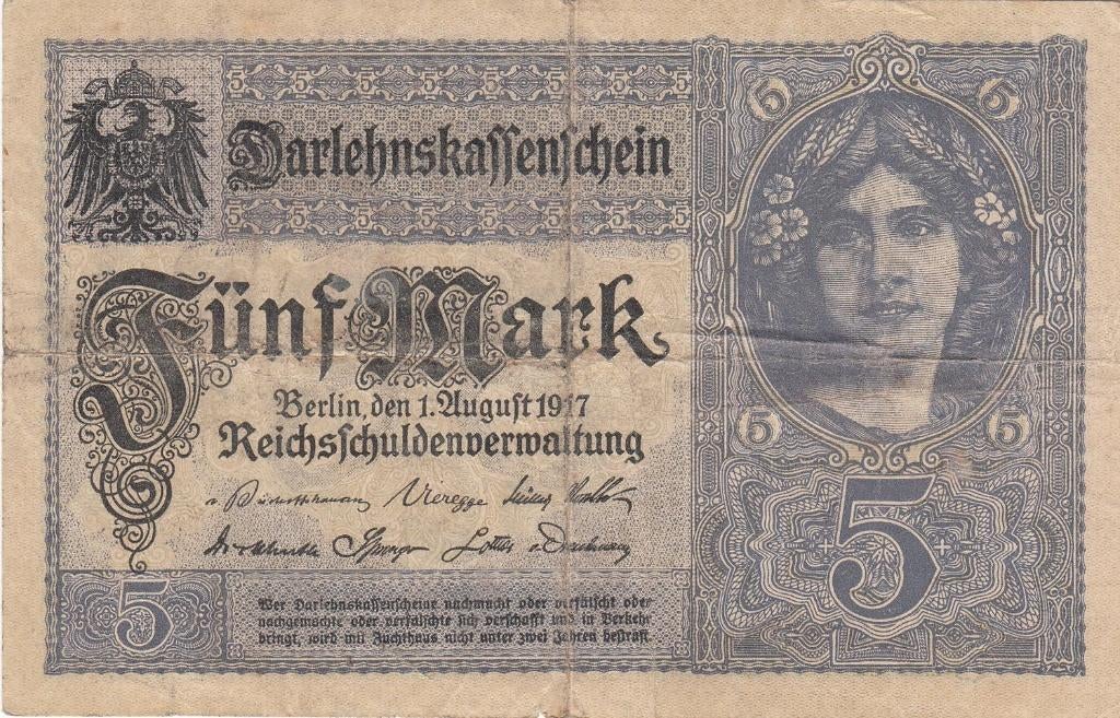 Duitse Rijk bankbiljet 5 Mark 1.8.1917 Girl at upper right, Postzegels en Munten, Bankbiljetten | Europa | Niet-Eurobiljetten
