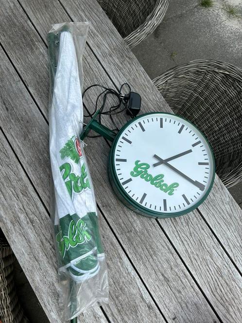 Grolsch Stationsklok & Parasol, Verzamelen, Biermerken, Gebruikt, Reclamebord, Plaat of Schild, Grolsch, Ophalen