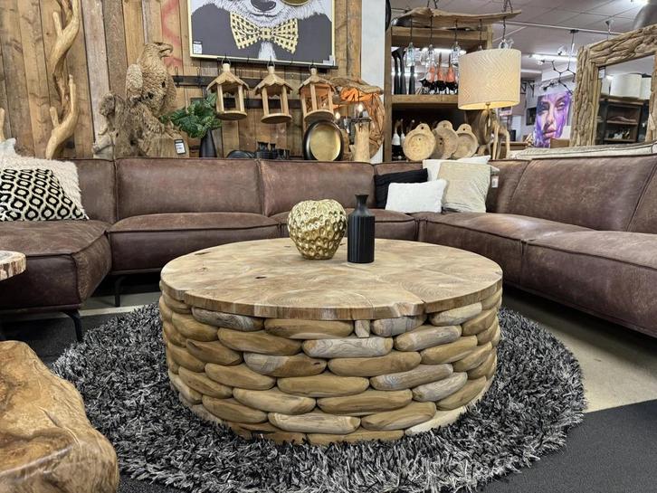 Unieke salontafel Sem rond massief teakhout, Huis en Inrichting, Tafels | Salontafels, Nieuw, Minder dan 50 cm, 50 tot 100 cm