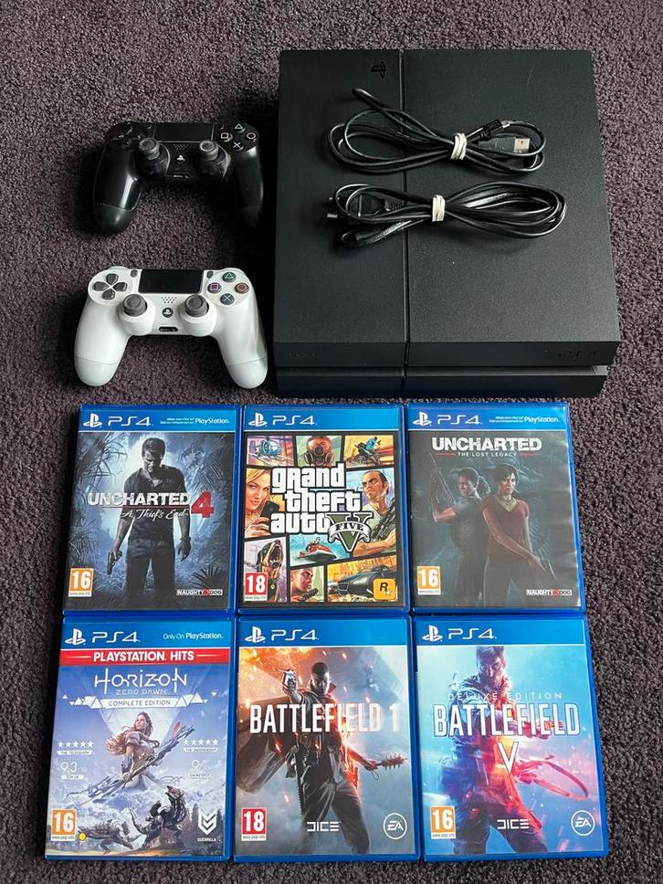 PS4 met 2 controllers + 6 games!, Spelcomputers en Games, Spelcomputers | Sony PlayStation 4, Gebruikt, Original, 500 GB, Met 2 controllers