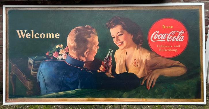 Coca-Cola Reclame Poster Vintage jaren 50, Groot (ingelijst), Verzamelen, Merken en Reclamevoorwerpen, Gebruikt, Reclamebord, Ophalen