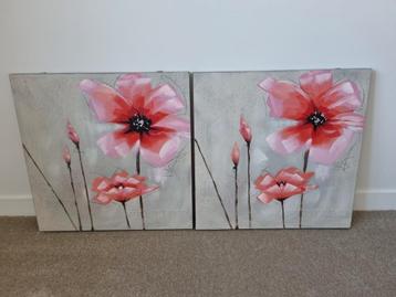 Schilderijen met roze bloemen - Zeer Goede Staat beschikbaar voor biedingen