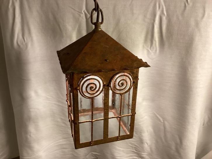 Art Deco.Zwaar koperen Lantaarnlamp. Amsterdamse School.1920, Huis en Inrichting, Lampen | Wandlampen, Zo goed als nieuw, Glas