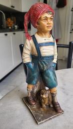 Vintage mooi massief decoratief beeld van jongen met hond, Ophalen of Verzenden