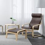 Houten schommelstoel met bruin leren kussen en voetenbank, Huis en Inrichting, Fauteuils, Hout, 75 tot 100 cm, Zo goed als nieuw