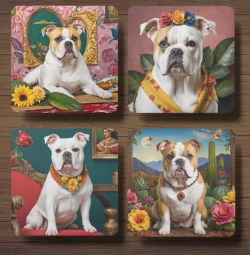 Amerikaanse Bulldog Frida Kahlo onderzetters met houder beschikbaar voor biedingen