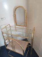 Vintage goudkleurige kaptafel, spiegel en stoel, Huis en Inrichting, Tafels | Kaptafels, Ophalen, Glas, 100 tot 150 cm