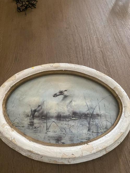 Klassiek schilderij paard in waterlandschap ovale lijst.  An, Antiek en Kunst, Kunst | Schilderijen | Klassiek, Ophalen of Verzenden