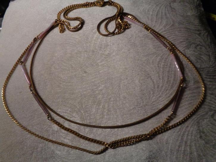 goudkl vintage ketting met roze agaat en paarse charoiet, Sieraden, Tassen en Uiterlijk, Kettingen, Overige materialen, Goud, Met edelsteen