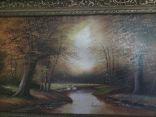 Schilderij: Boslandschap met Zwanen, Antiek en Kunst, Kunst | Schilderijen | Klassiek, Ophalen of Verzenden