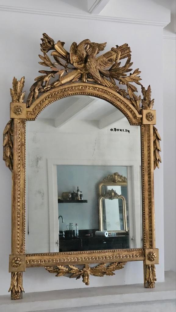 Antieke bladgouden bruidsspiegel, Antiek en Kunst, Antiek | Spiegels, Minder dan 50 cm, Rechthoekig, Ophalen of Verzenden