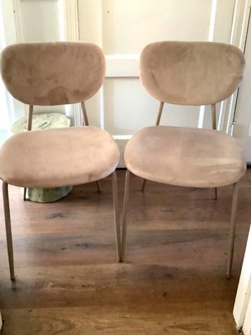 Twee leuke taupe kleurige eettafel stoeltjes fluwelen stof beschikbaar voor biedingen