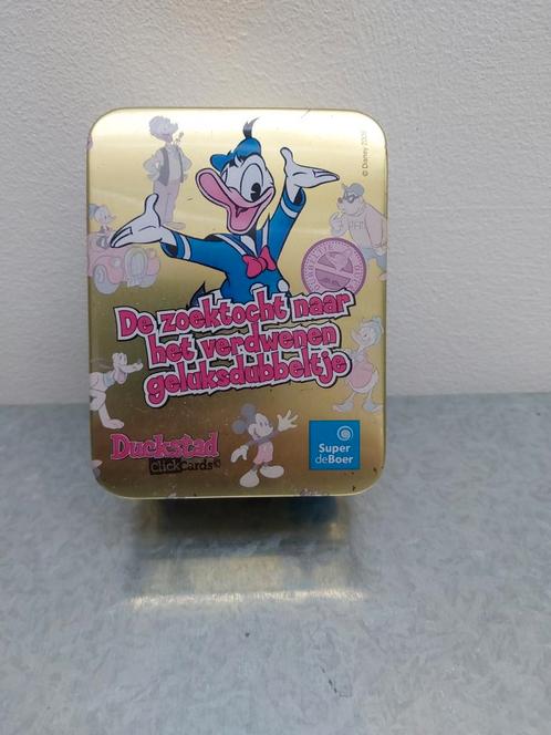 Blikje Click-cards Duckstad, Verzamelen, Disney, Zo goed als nieuw, Beeldje of Figuurtje, Donald Duck, Ophalen of Verzenden