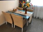 Uitschuifbaar eettafel matglas 4-6 pers. Incl.  4 armstoelen, Ophalen, Gebruikt, 4 tot 6 stoelen
