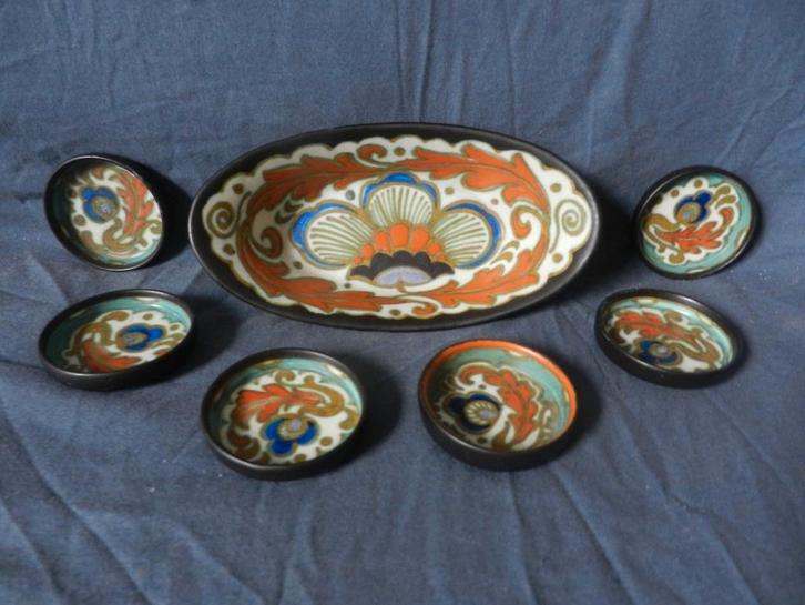 Plateel 7-delige bonbonset dec. Trudy Kon Zuid Holland Gouda, Antiek en Kunst, Antiek | Keramiek en Aardewerk, Ophalen of Verzenden