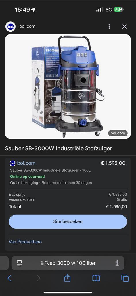 Sauber SB-3000W Industriële Stofzuiger - 100L, Doe-het-zelf en Verbouw, Reinigingsmachines, Ophalen of Verzenden