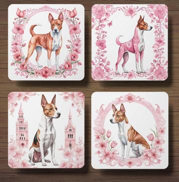 Basenji Delfts Roze onderzetters met houder beschikbaar voor biedingen