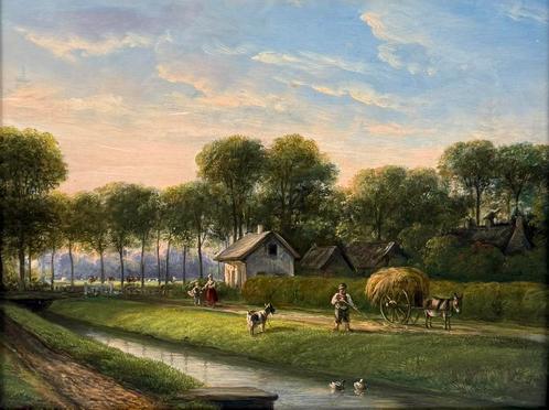 Romantisch boerentafareel - JA van der Drift - 100% Olieverf, Antiek en Kunst, Kunst | Schilderijen | Modern, Ophalen