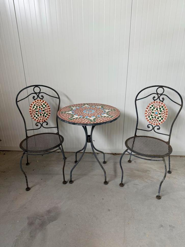 Leuk Bistrosetje met Mozaïek, Tuin en Terras, Tuinstoelen, Gebruikt, Metaal, Ophalen