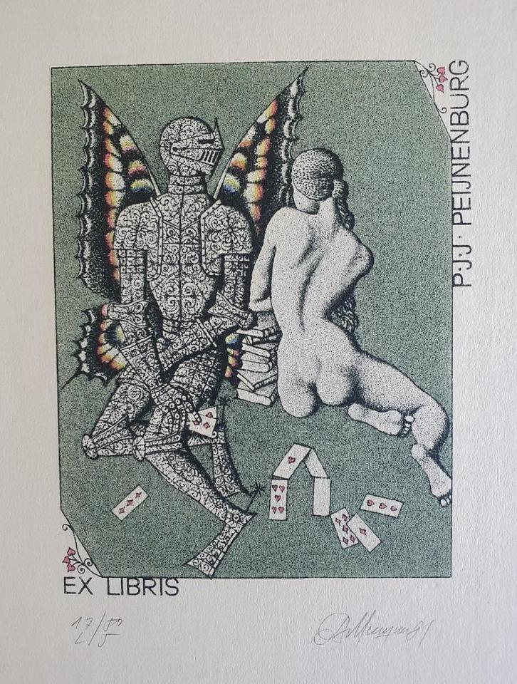Exlibris / Ex libris V.Mishin, o.a. ridder, vrouw, vlinder, Antiek en Kunst, Kunst | Etsen en Gravures, Verzenden