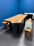 Eettafel robuust houten blad, stalen frame inclusief bankjes, 75 cm of meer, 200 cm of meer, Ophalen of Verzenden, Zo goed als nieuw