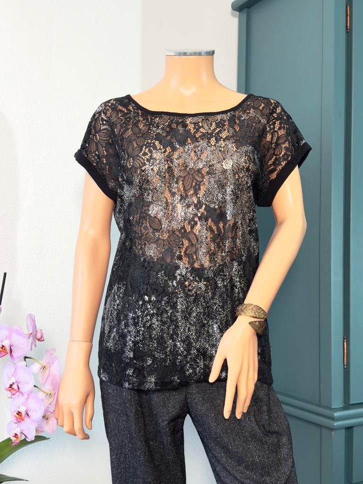 ZUS VAN SIL top maat S - zilver - zwart - kant, Kleding | Dames, Tops, Zo goed als nieuw, Maat 36 (S), Zwart, Korte mouw, Ophalen of Verzenden