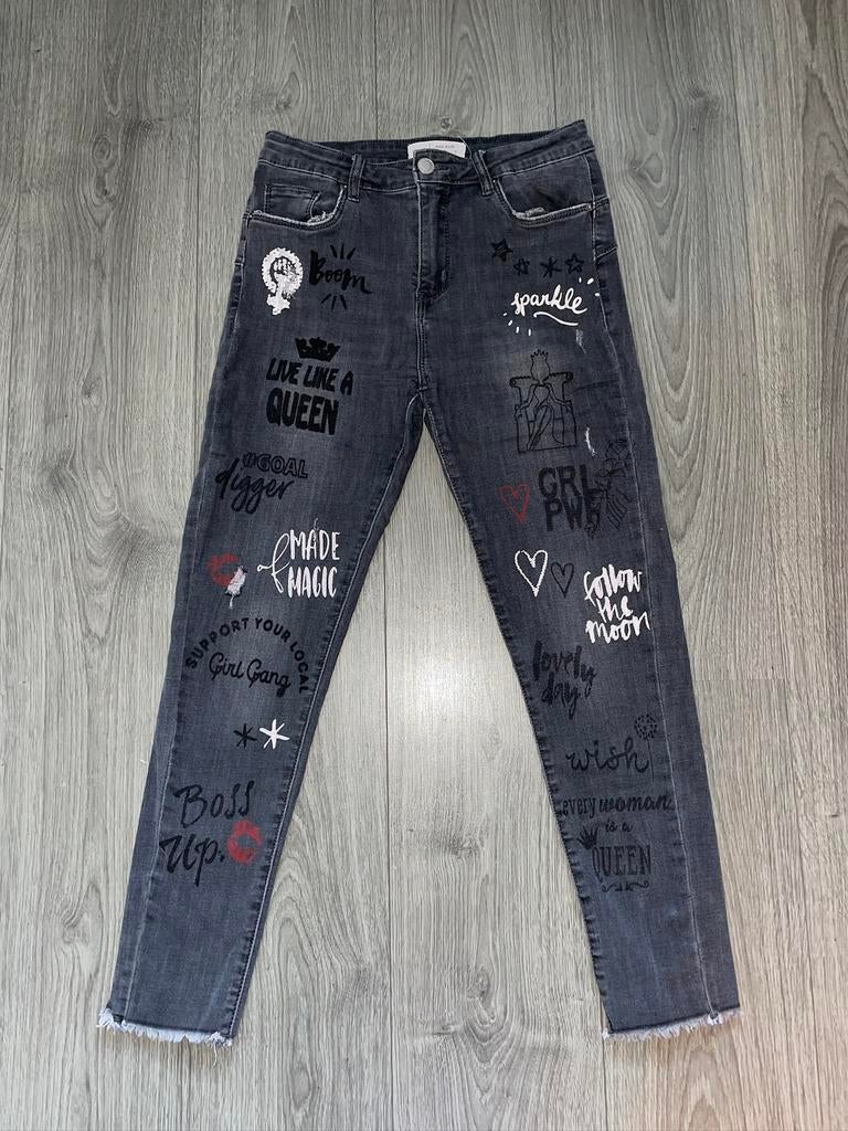 VS MISS grijze stretch high waist spijkerbroek opdruk mt 38, Ophalen of Verzenden, Zo goed als nieuw, Grijs, W30 - W32 (confectie 38/40)