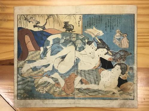 Antieke Japanse shunga houtblok prent, Antiek en Kunst, Kunst | Niet-Westerse kunst, Verzenden