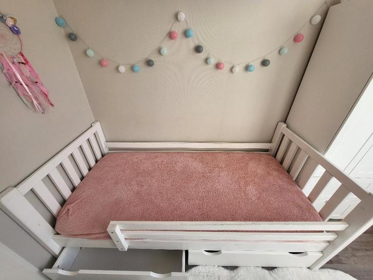 Kinderbed | hardhout wit | 2 lades | 90x200, Kinderen en Baby's, Kinderkamer | Bedden, Gebruikt, 180 cm of meer, 85 tot 100 cm