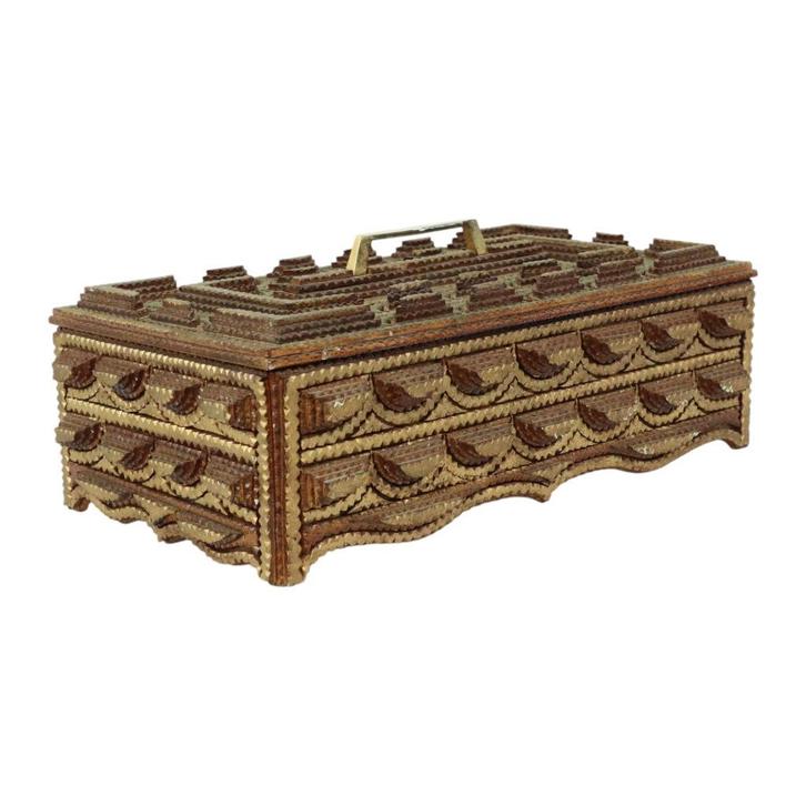 Grote Houten Tramp Art Doos Volkskunst Goud 20ste Eeuw, Antiek en Kunst, Antiek | Woonaccessoires, Ophalen of Verzenden