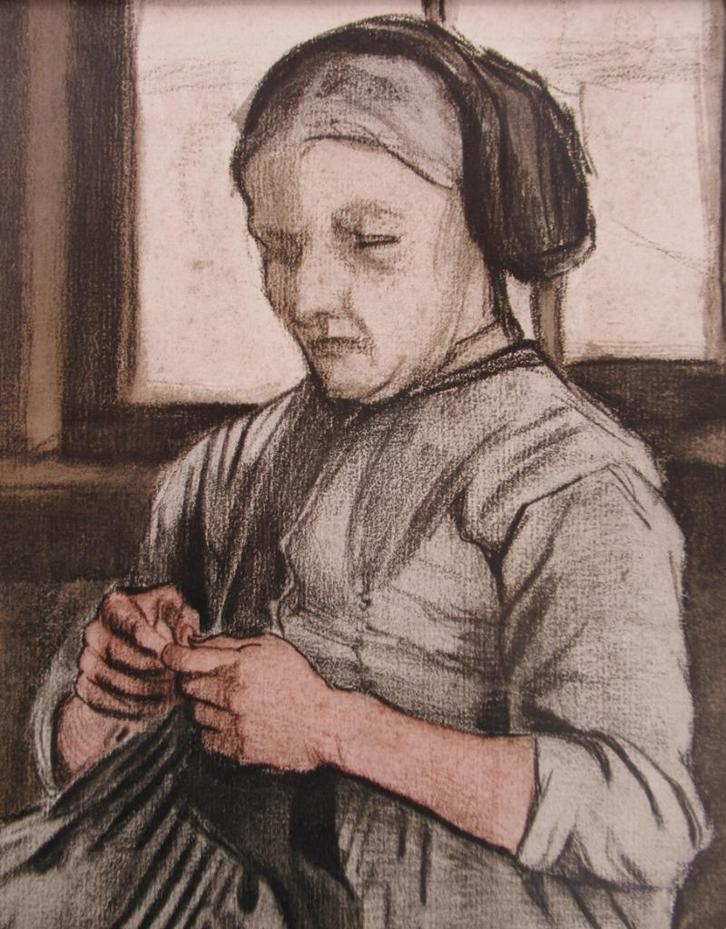 Vincent van Gogh: Kousen breiende vrouw (1881) (repro), Antiek en Kunst, Kunst | Schilderijen | Klassiek, Ophalen of Verzenden