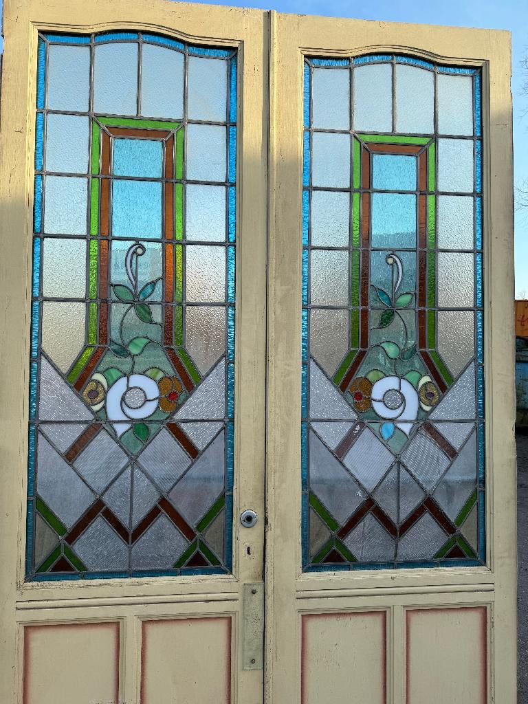 Set Jugendstil openslaande glas in lood deuren 257x154cm., Ophalen