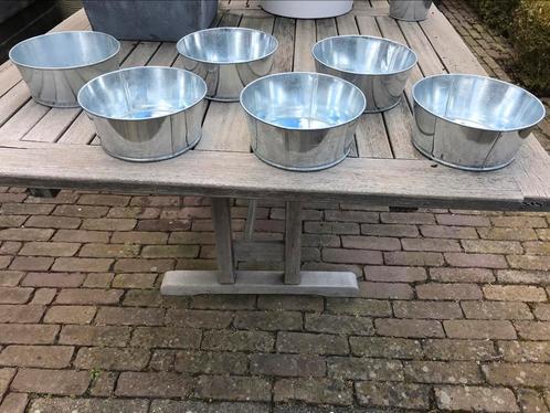 Zes nieuwe verzinkte bloempotjes / schaaltje, Tuin en Terras, Bloempotten, Nieuw, Metaal, Binnen, Balkon, Tuin, Minder dan 40 cm