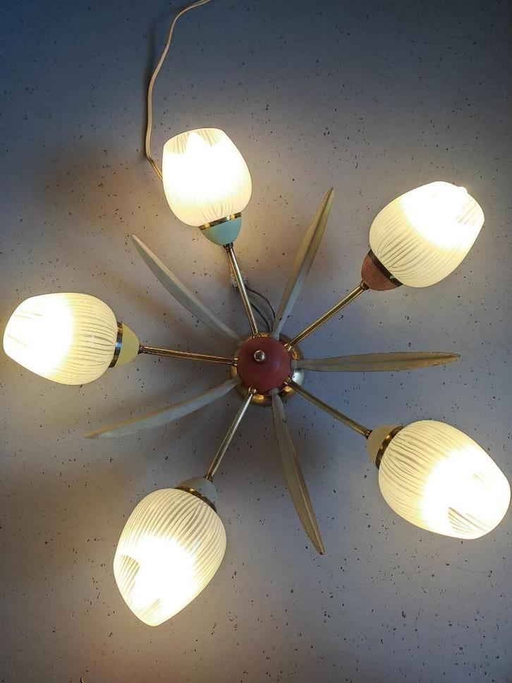 Vintage fifties spinlamp, plafondlamp, Huis en Inrichting, Lampen | Plafondlampen, Gebruikt, Glas, Metaal, Ophalen