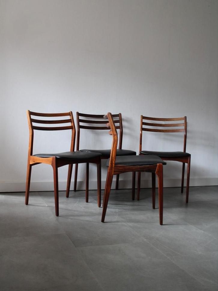 Vintage Deense eetkamerstoelen door Vestervig Eriksen, Huis en Inrichting, Stoelen, Zo goed als nieuw, Vier, Hout, Leer, Bruin