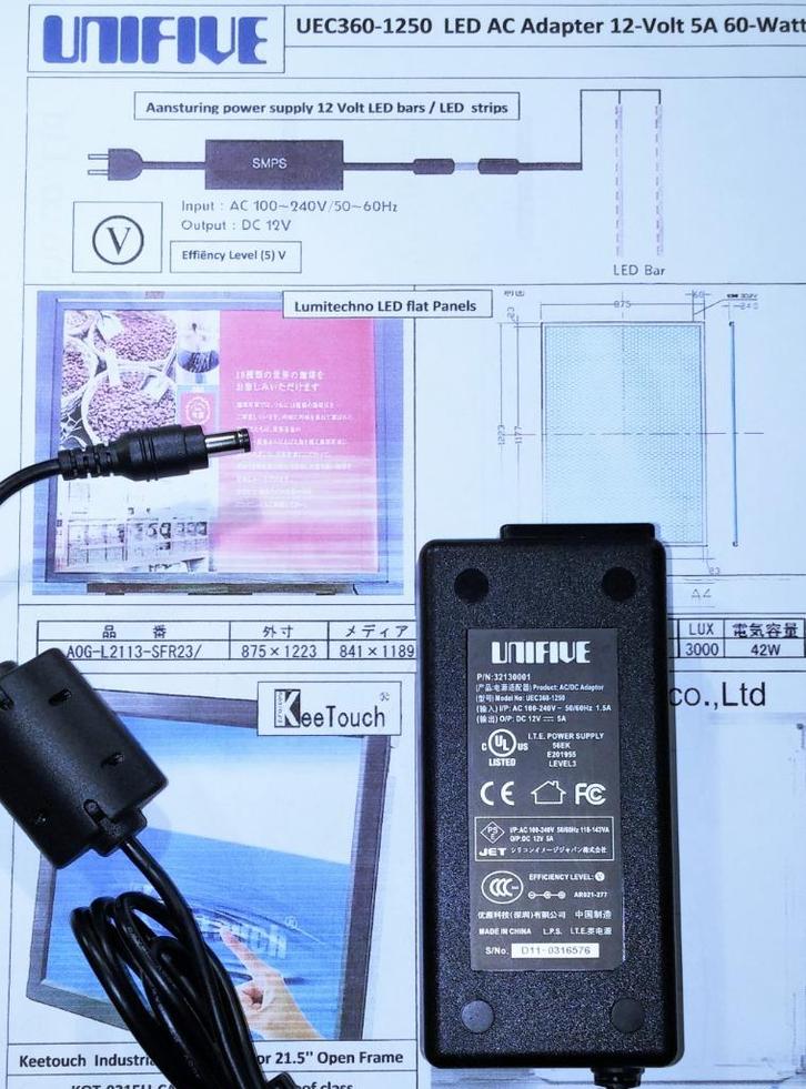 UNIFIVE UEC360-1250 12V 5A 60W Adapter Lader Oplader Voeding, Computers en Software, Pc- en Netwerkkabels, Zo goed als nieuw, Ophalen of Verzenden
