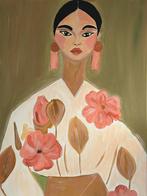 Portret vrouw met bloemen, Antiek en Kunst, Kunst | Schilderijen | Klassiek, Ophalen of Verzenden