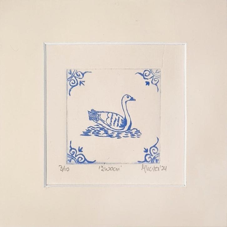 Print zwaan, ivoorkleurig passe partout 15x15, handgemaakt, Huis en Inrichting, Woonaccessoires | Schilderijen, Tekeningen en Foto's