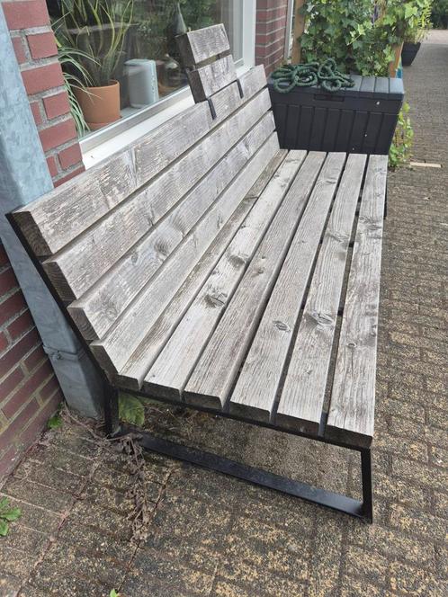 Loungebank/ stoel/ tafel/ Douglashout/ ijzeren onderstel, Tuin en Terras, Tuinbanken, Gebruikt, Ophalen