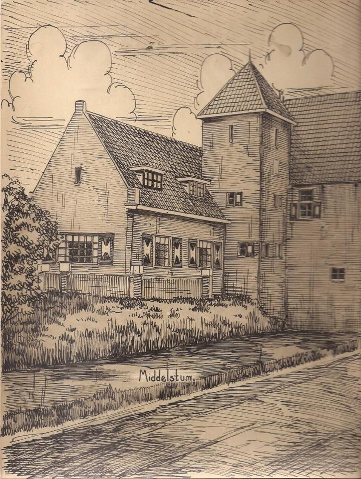 Middelstum Gemeentehuis Tekening Sievers 50 / 60er jaren, Antiek en Kunst, Kunst | Tekeningen en Foto's, Ophalen of Verzenden