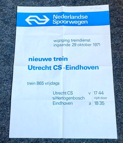 Poster NS ‘Wijziging treindienst Utrecht - Eindhoven’ (1971), Verzamelen, Spoorwegen en Tramwegen, Zo goed als nieuw, Trein, Ophalen of Verzenden