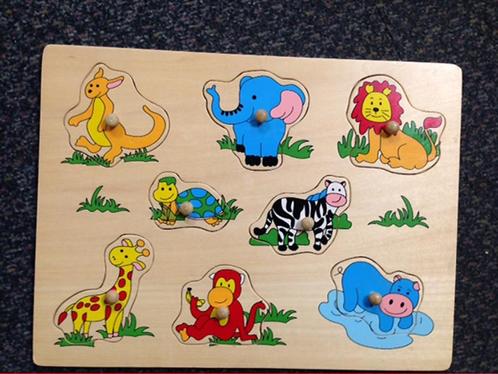 Inlegpuzzel - Wilde dieren dierentuin - knopjes hout puzzel, Kinderen en Baby's, Speelgoed | Educatief en Creatief, Zo goed als nieuw