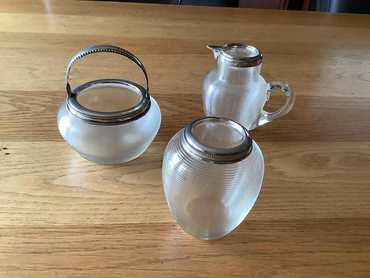 Drie delig antiek setje draadglas met echt zilver, Antiek en Kunst, Antiek | Goud en Zilver, Zilver, Ophalen of Verzenden
