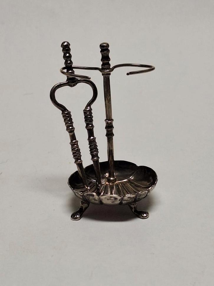 Antiek zilveren miniatuur haardstel met kolentang, Antiek en Kunst, Antiek | Goud en Zilver, Zilver, Ophalen of Verzenden