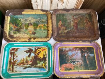 3x Brocante oude metalen dienbladen - dienblad - theeblad beschikbaar voor biedingen