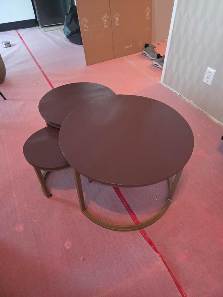 Salontafel set van 3, goud frame, houten blad, Huis en Inrichting, Tafels | Salontafels, Minder dan 50 cm, 50 tot 100 cm, 50 tot 100 cm