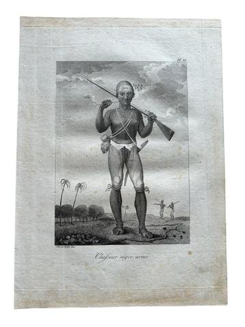 Gravure van een strijder uit Suriname: 1799 