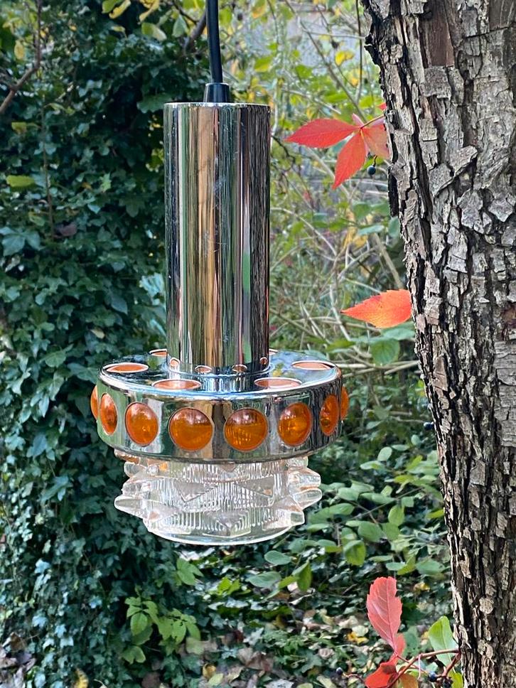 Vintage Massive Hanglampen Jaren 70 Chroom Oranje Glas, Antiek en Kunst, Antiek | Lampen, Ophalen