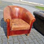 Schapenleren club fauteuil bruin rood + GRATIS BEZORGD, Huis en Inrichting, Fauteuils, Chesterfield, Gebruikt, Leer, Ophalen of Verzenden