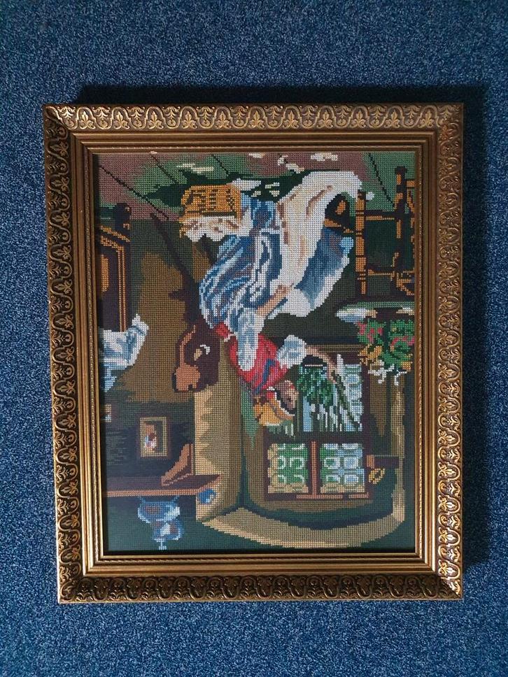 Geborduurd schilderij met gouden lijst, Antiek en Kunst, Antiek | Wandborden en Tegels, Ophalen